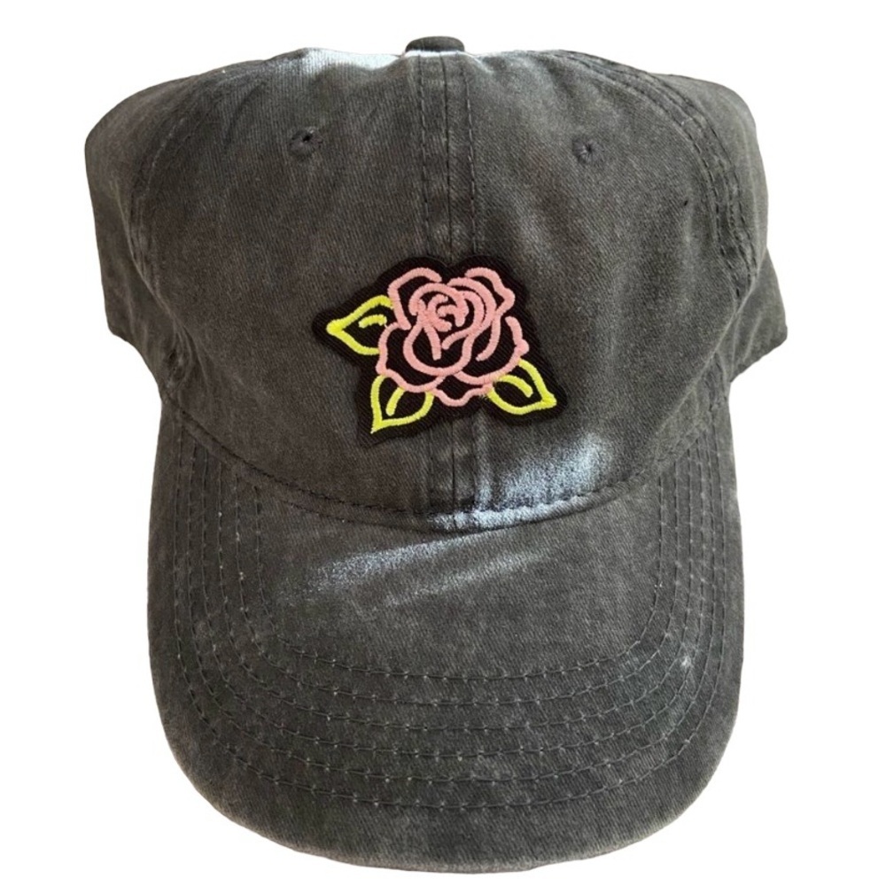 Black sand washed adjustable baseball hat with floral patch